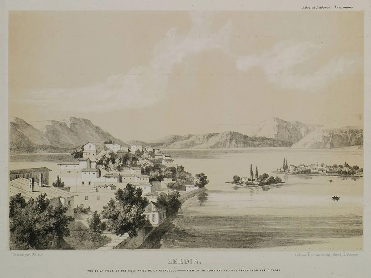 Léon de Laborde'un 1838 tarihli taş baskısında kaleden bakışla Eğirdir ve göldeki adalar